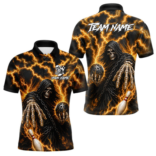 Maxcorners Custom Yellow Lightning Grim Reaper Bowling Shirts For Men, Bowling Team Jersey Polo & 1/4 Zip
