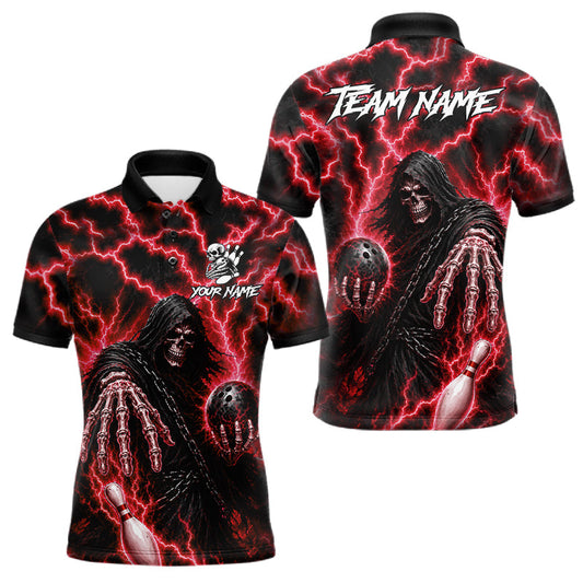 Maxcorners Custom Red Lightning Grim Reaper Bowling Shirts For Men, Bowling League Team Jersey Polo & 1/4 Zip