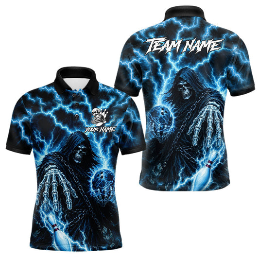 Maxcorners Custom Blue Lightning Grim Reaper Bowling Shirts For Men, Bowling Team Jersey Polo & 1/4 Zip