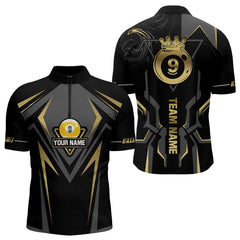 Maxcorners Customized 9 Ball Pool Crown Men Billiard Shirts, Gold And Black Billiard Team Shirts, Pool Jerseys