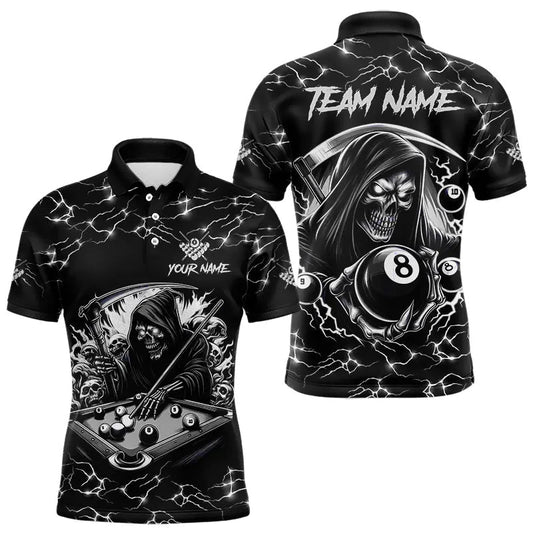 Maxcorners Black White Funny Death Skeleton 8 Ball Pool Men Billiard Shirts Custom Lightning Billiard Jerseys LM103