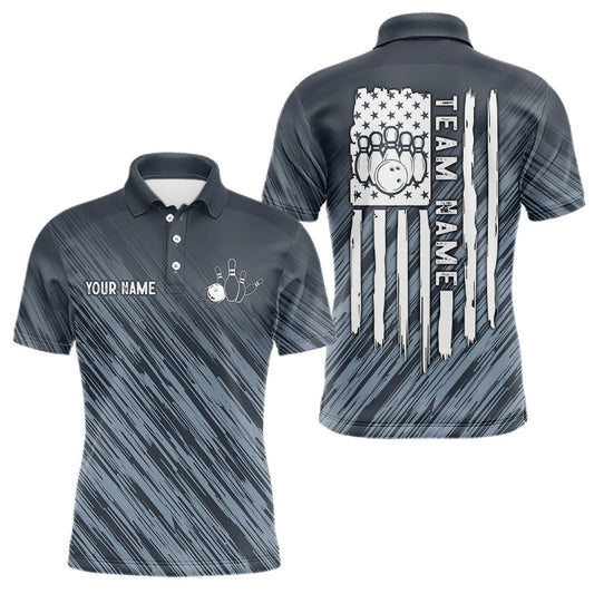 Maxcorners Custom Grey Grunge American Flag Bowling Shirt For Men, Patriotic Bowling Jersey Polo & 1/4 Zip LM1005