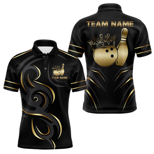 Maxcorners Black And Gold Custom Crown Bowling Ball Polo & 1/4 Zip For Men, Tribal Bowling Team Jersey
