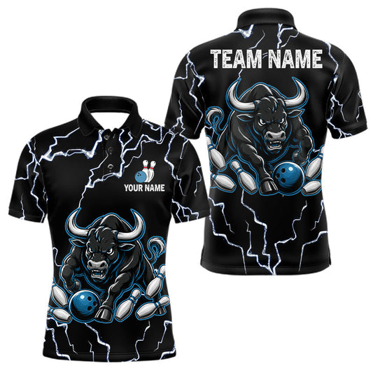 Maxcorners Funny Bull Lightning Bowling Shirts For Men Custom Bowling League Jersey Polo, Quarter Zip | Blue