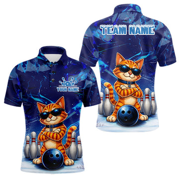 Maxcorners Personalized Blue Funny Cat Bowling Shirt For Men Custom Bowling Team Jersey, Bowling Gifts LM1307
