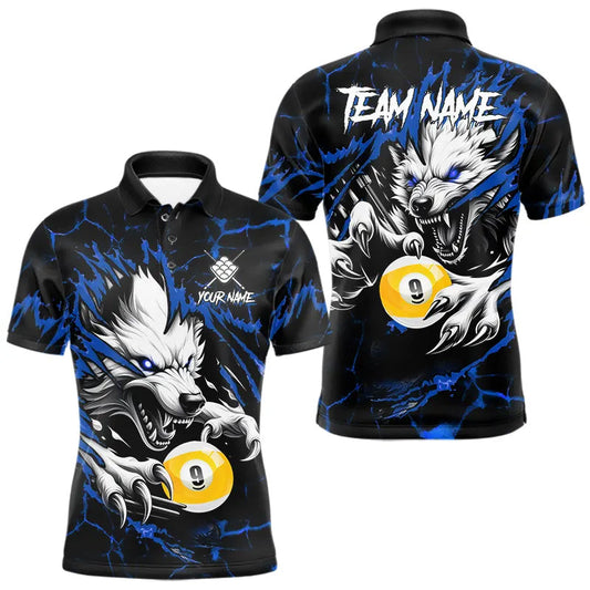 Maxcorners Personalized 9 Ball Pool Wolf Billiard Shirts For Men, Billiard League Jersey Polo & 1/4 Zip |Blue LM1112