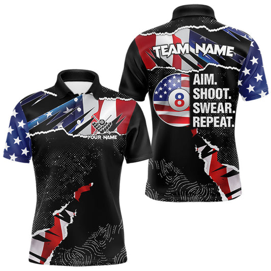 Maxcorners American Flag 8 Ball Aim Shoot Swear Repeat Men's Billiard Shirt Custom Pool Jersey Polo & 1/4 Zip LM1202