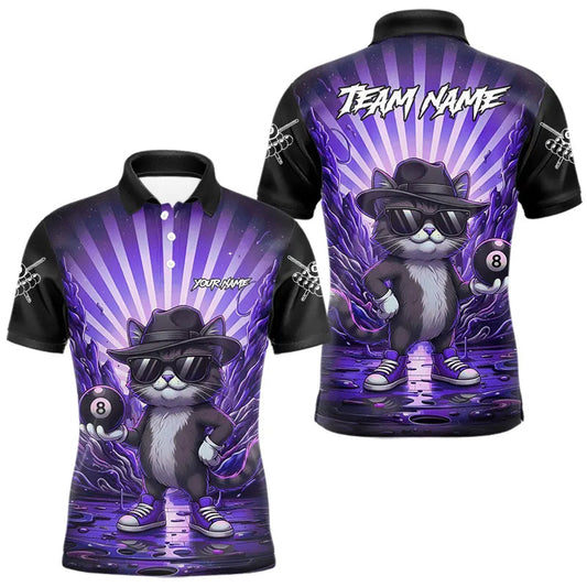 Maxcorners Funny Cat 8 Ball Billiard Shirt For Men Custom Purple Neon Graffiti Billiard Jersey Polo, 1/4 Zip