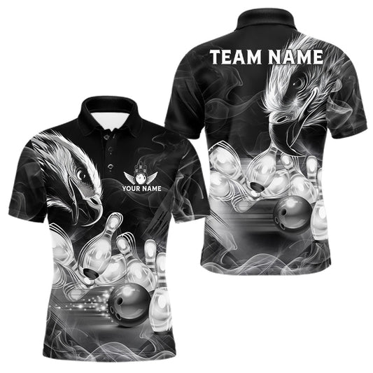 Maxcorners Black And White Custom Eagle Smoke Bowling Shirt For Men, Bowling Team Jersey Polo & 1/4 Zip LM1705