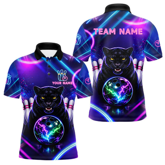 Maxcorners Neon Blue Purple Custom Panther Bowling Shirt For Men, Glowing Bowling Team Jersey Polo & 1/4 Zip LM1705