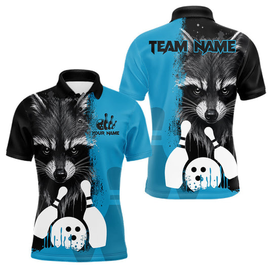 Maxcorners Black And Blue Raccoon Bowling Polo, Quarter Zip Shirts For Men Custom Bowling Team League Jerseys LM1406
