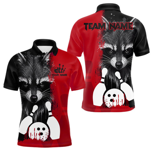 Maxcorners Black And Red Raccoon Bowling Polo, Quarter Zip Shirts For Men Custom Bowling Team League Jerseys LM1406