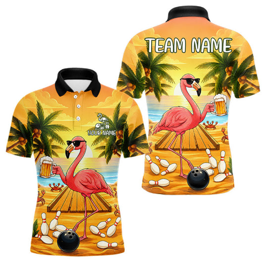 Maxcorners Funny Flamingo Sunset Tropical Bowling Jersey Polo, Quarter Zip For Men Custom Bowling Team Shirts LM1406
