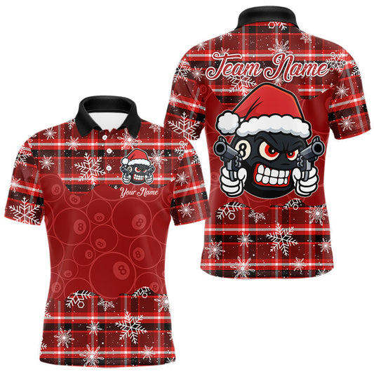 Maxcorners Funny Santa 8 Ball Pool Men's Billiard Shirt Custom Red Plaid Snowflake Christmas Billiard Jersey LM2603