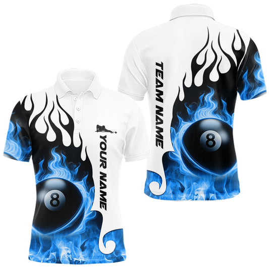 Maxcorners Personalized Blue 8 Ball Fire Flame Men's Billiard Shirt Custom Pool Team Jersey Polo & 1/4 Zip LM2603