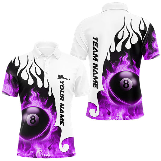 Maxcorners Personalized Purple 8 Ball Fire Flame Men's Billiard Shirt Custom Pool Team Jersey Polo & 1/4 Zip LM2603