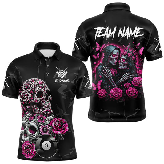 Maxcorners Personalized Pink 8 Ball Skull Roses Billiard Shirt For Men Custom Valentine Billiard Gifts