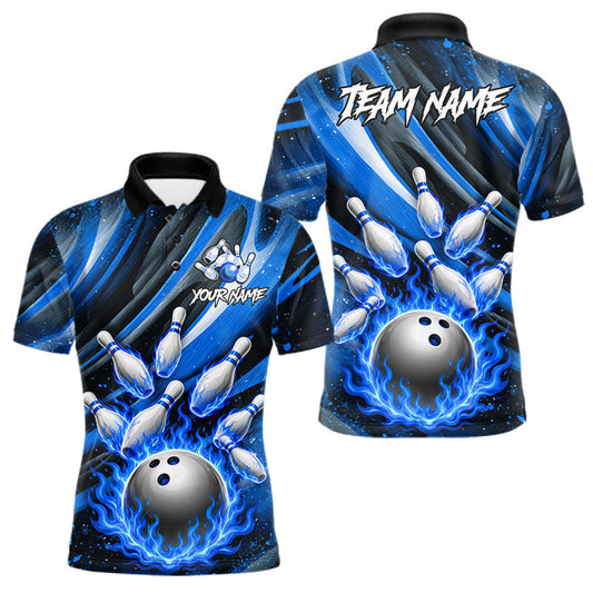 Maxcorners Custom Blue Flaming Silver Bowling Jersey For Men, Bowling League Team Shirts Polo & Quarter Zip LM1705