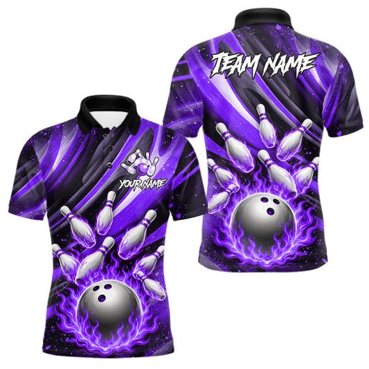 Maxcorners Custom Purple Flaming Silver Bowling Jersey For Men, Bowling League Team Shirts Polo & Quarter Zip LM1705