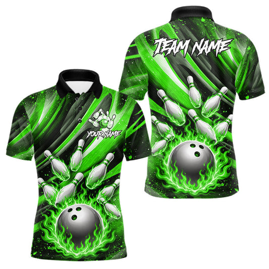 Maxcorners Custom Green Flaming Silver Bowling Jersey For Men, Bowling League Team Shirts Polo & Quarter Zip LM1705