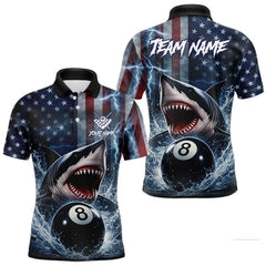 Maxcorners American Flag Shark 8 Ball Billiard Shirt For Men Custom Lightning Patriotic Pool Team Jersey LM1501