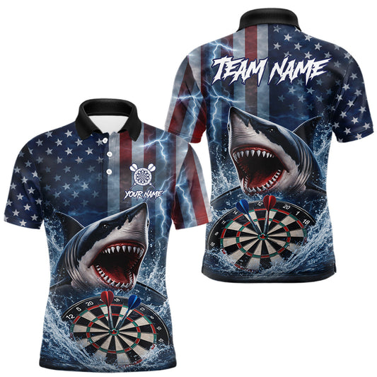 Maxcorners American Flag Shark Darts Shirt For Men Custom Lightning Patriotic Dart Jersey Team Polo & 1/4 Zip LM1501
