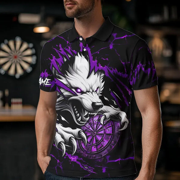 Maxcorners Personalized Wolf Lightning Darts Polo & Quarter Zip Custom Dart Shirts For Men Darts Jersey |Purple