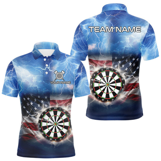 Maxcorners Blue American Flag Thunder Lightning Darts Shirt For Men Custom Darts Jersey Team Polo & 1/4 Zip LM0412