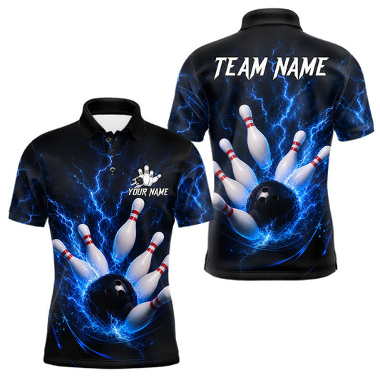 Maxcorners Personalized Blue Thunder Lightning Bowling Jersey For Men, Bowling League Shirts Polo & 1/4 Zip LM1705