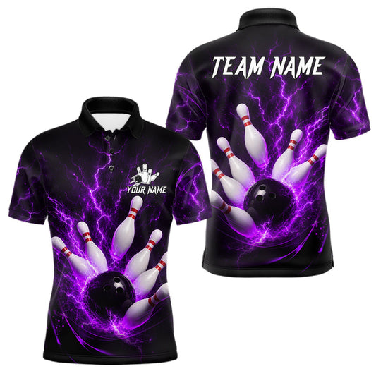 Maxcorners Personalized Purple Thunder Lightning Bowling Jersey For Men, Bowling League Shirts Polo & 1/4 Zip LM1705