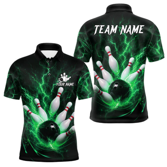 Maxcorners Personalized Green Thunder Lightning Bowling Jersey For Men, Bowling League Shirts Polo & 1/4 Zip LM1705