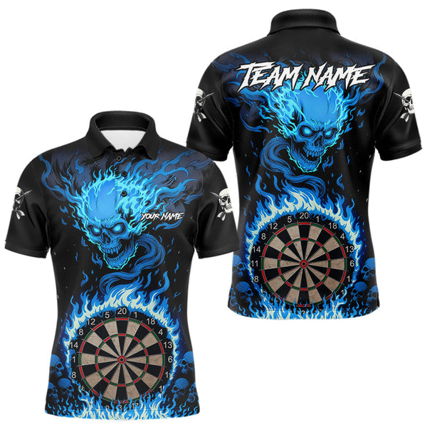 Maxcorners Blue Flaming Skull Darts Shirt For Men Custom Darts Jersey Team Polo & Quarter Zip MT1810
