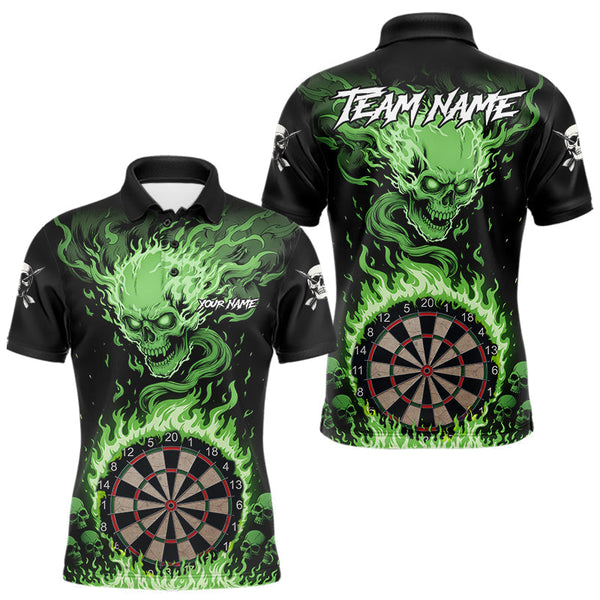 Maxcorners Green Flaming Skull Darts Shirt For Men Custom Darts Jersey Team Polo & Quarter Zip MT1810