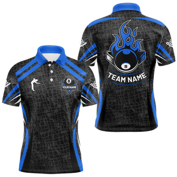 Maxcorners Black And Blue 8 Ball Flame Billiard Shirt For Men Custom Pool Team Shirt, Billiard Jersey