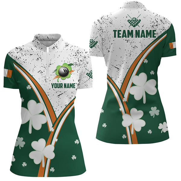 Maxcorners Custom Green & White Grunge Billiard Luckiest Shamrock Men Polo Shirts, Patrick Day Billiard Shirts