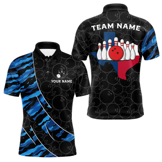 Maxcorners Texas Flag Blue Camo Bowling Shirt For Men Custom Patriotic Bowling Team Jersey Polo & 1/4 Zip LM1904