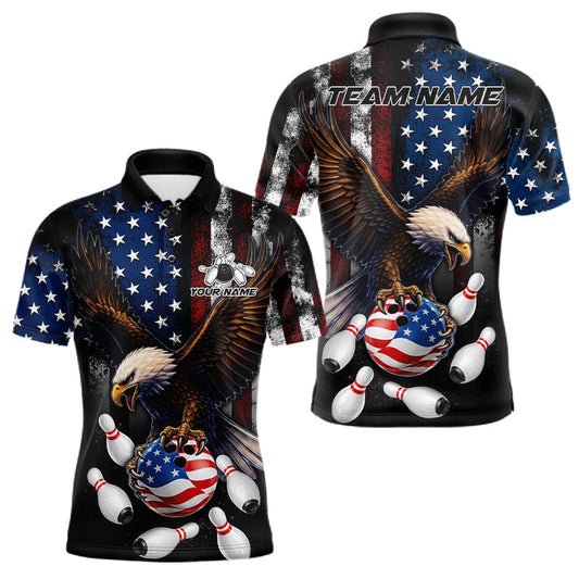 Maxcorners Personalized American Flag Eagle Bowling Team Jersey For Men Custom Patriotic Bowling Shirts