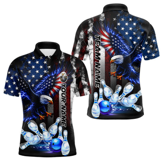 Maxcorners Custom Eagle American Flag Bowling Jersey For Men, Patriotic Bowling Team Shirts | Blue