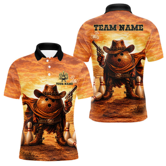Maxcorners Personalized Funny Cowboy Bowling Ball Polo & 1/4 Zip Shirts For Men Custom Bowling Team Jersey