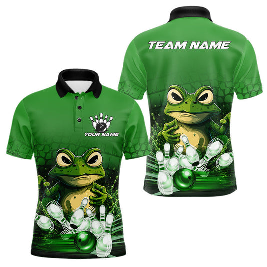 Maxcorners Personalized Green Funny Frog Bowling Shirts For Men Custom Bowling Team Jersey, Bowling Gifts