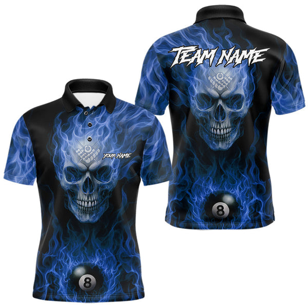 Maxcorners Blue Flaming Skull 8 Ball Fire Billiard Shirt For Men Custom Billiard Team Jersey Polo & 1/4 Zip MT1810