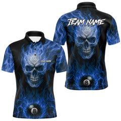 Maxcorners Blue Flaming Skull 8 Ball Fire Billiard Shirt For Men Custom Billiard Team Jersey Polo & 1/4 Zip MT1810