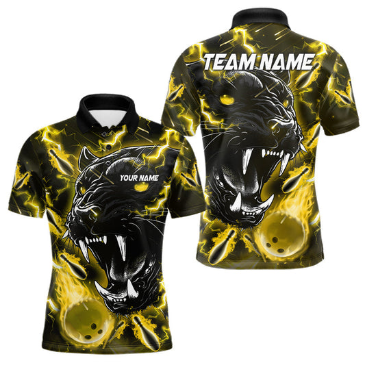 Maxcorners Yellow Flame Panther Bowling Polo, Quarter Zip Shirts For Men Custom Bowling Team League Jerseys