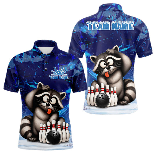 Maxcorners Personalized Blue Funny Raccoon Bowling Shirt For Men Custom Bowling Team Jersey Polo & 1/4 Zip