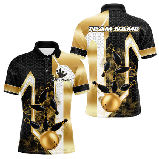 Maxcorners Black And Gold Smoke Bowling Pin Polo, 1/4 Zip Shirt For Men Custom Bowling League Team Jersey LM2306