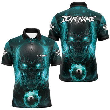 Maxcorners Personalized Turquoise Billiard Skull Fire 8 Ball Pool Shirt For Men Custom Billiard Team Jersey LM2110