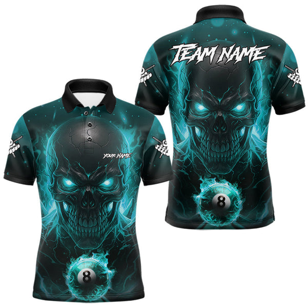 Maxcorners Personalized Turquoise Billiard Skull Fire 8 Ball Pool Shirt For Men Custom Billiard Team Jersey LM2110