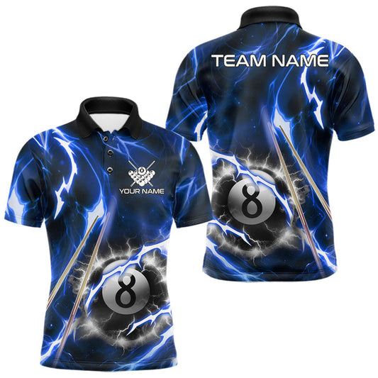 Maxcorners Personalized Blue 8 Ball Fire Flame Billiard Shirt For Men, Pool Team Jersey Polo & 1/4 Zip