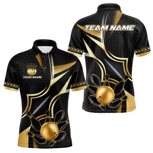 Maxcorners Black And Gold Bowling Ball Polo, 1/4 Zip For Men, Custom Bowling League Shirt, Bowling Team Jersey LM2306