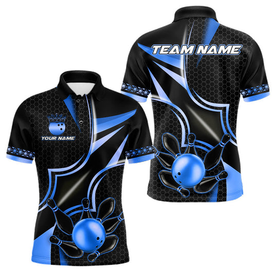 Maxcorners Black And Blue Bowling Ball Polo, 1/4 Zip For Men, Custom Bowling League Shirt, Bowling Team Jersey LM2306